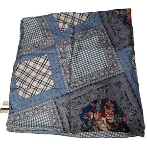 Vtg New York Studio 100% Silk Scarf 34" Blue White Floral Patchwork Gingham Boho